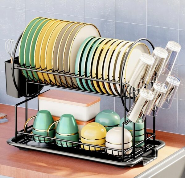Unityj Uk Kitchen Appliances MEQATS 2 Tier Dish Drainer Rack With Utensil Holder Black 848