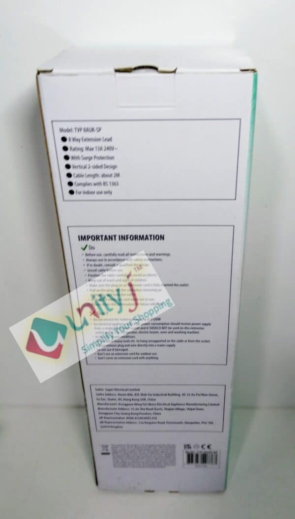 Unityj Uk Household Tower Extension Lead Surge Protected, 8 Way 5 508